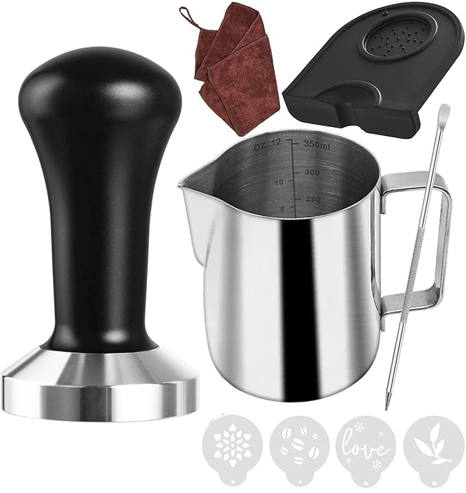 51 mm Coffee Tamper Set Coffee Press for Portafilter Machine Espresso Tamper with Tamper Mat, Frothing Pitcher (350ml/11.836oz), Barista Towel, Latte Art Pen and Decorative Stencils