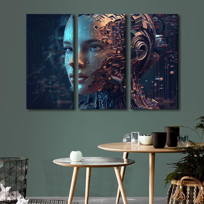 Futuristic Technology Wall Art for Living Room Artificial Intelligence Pictures Print On Canvas, 3 Panel Modern Wall Decoration for Bedroom Living Room Giclee Wooden Framed, 60" Wx40 H