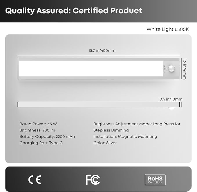 Under Cabinet Lighting Wireless, 2 Pack 15.7 inch 2200mAh 6500K Dimmable Motion Sensor Light Indoor, Rechargeable LED Under Counter Lights for Kitchen, Shelf, Stairs, Closet