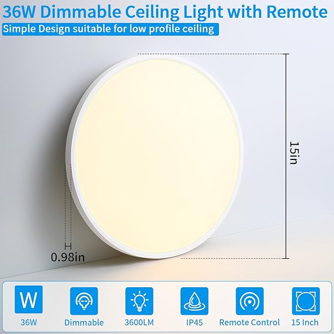 LED Flush Mount Ceiling Light Fixture 15 Inch, 36W 3600lm Dimmable Kitchen Light Fixture Ceiling Mount with Remote, Adjustable 3000K-6500K Round Ceiling Lamp for Bedroom, Living Room,White