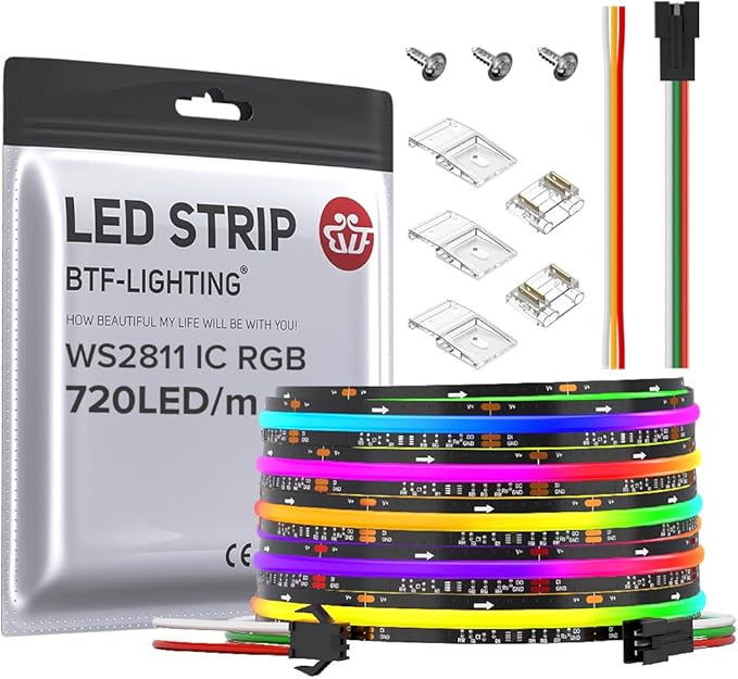 BTF-LIGHTING FCOB WS2811 IC RGB COB LED Strip DC12V 720LED/m 16.4FT Flexible High Density Uniform Chasing Color Light 20IC/m 12mm Width Black PCB for Indoor Decor(No Adapter or Controller)