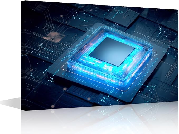 TUMOVO Framed Canvas Wall Art Cyberpunk AI Painting CPU Concept Pictures 1 Panel Computer Chip Wall Art Modern Wall Decor for Living Room Bedroom Giclee Posters and Prints, 18x12in