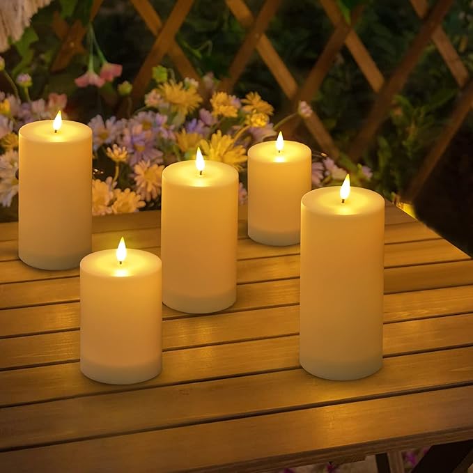 Solar Candles Outdoor Waterproof: Flameless Flickering Pillar LED Candles Set of 3 Dusk to Dawn Rechargeable Sensor Lights 3x4/5/6 Inch White