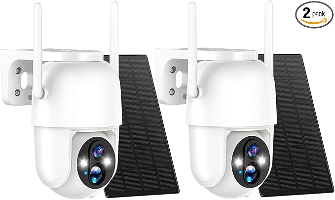 2Packs Solar Security Outdoor WiFi Camera, Pan Tilt 355° View IP65 Waterproof Rechargeable Wireless Battery Powered 2K 3MP PTZ Camera with PIR, Color Night Vision,2-Way Talk, 4dbi Antenna