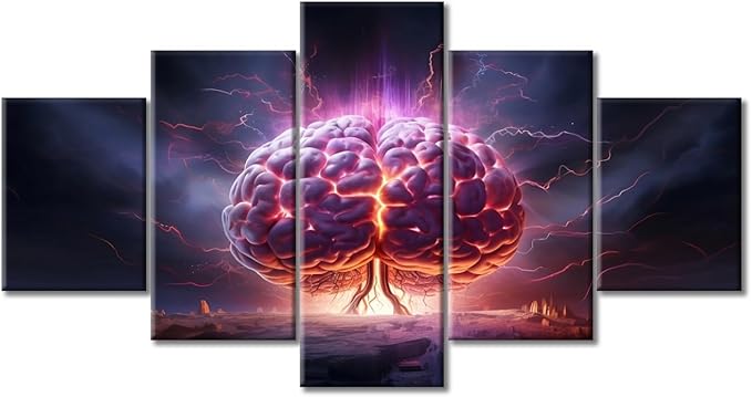 5 Pieces Brain Nervous System Canvas Wall Art for Living Room Human Brain Energy Book Poster Wall Decorations for Bedroom Bathroom Office Prints on Canvas Framed Ready to Hang, (60"Wx32"H)
