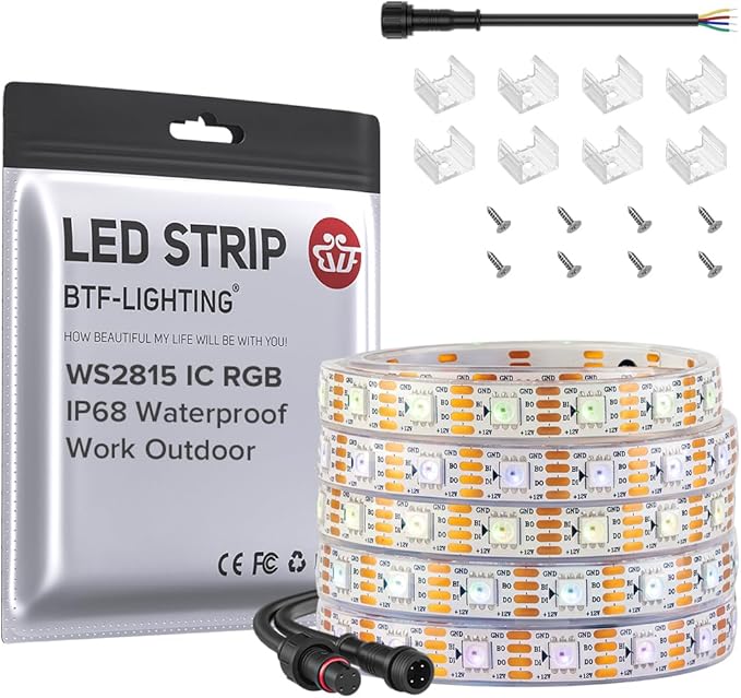 BTF-LIGHTING IP68 Waterproof Outdoor WS2815(Upgraded WS2812B) RGB LED Strip Individually Addressable 5050SMD Dual Signal DC12V 16.4ft 300Pixel Can Work Outdoor White PCB(No Adapter or Controller)