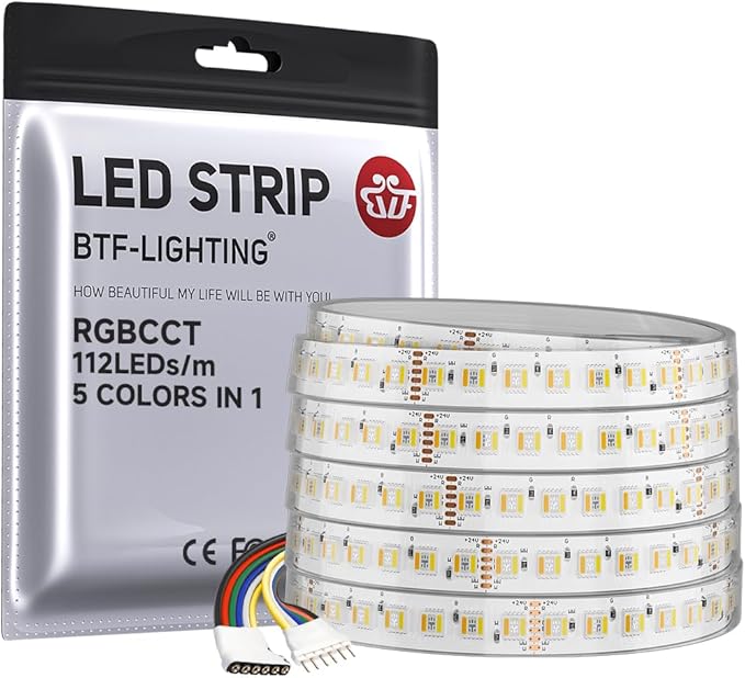 BTF-LIGHTING Highest Density RGBCCT 5 Colors in 1 LED 5050SMD RGB+ Tunable Color Temperature 2700K-6500K 16.4ft 112LEDs/m DC24V Multi-Colored IP67 14mm Width (No Adapter or Controller)