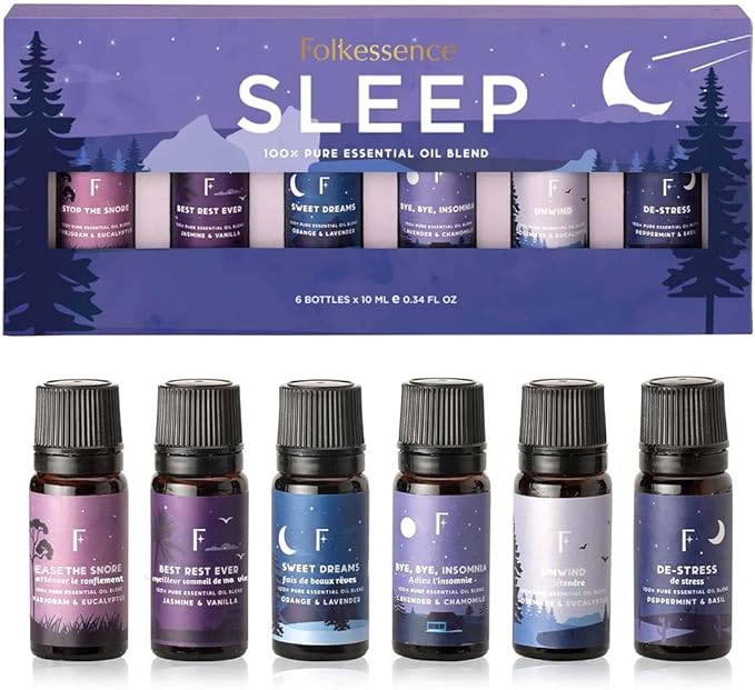 Folkulture Sleep Essential Oils Set for Diffuser | Set of 6 Aromatherapy Oils for Better Sleep, Relaxation & Meditation | Lavender, Rosemary, Peppermint & Calming Blends | Self Care Gift for Her & Him