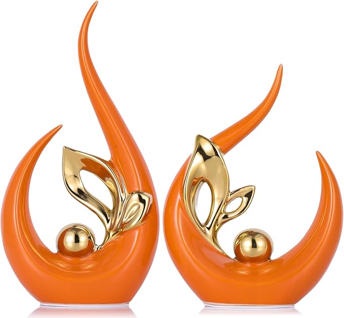 XMGZQ Burnt Orange Gold Ceramic Statues for Home Décor Accents,Abstract Art Mid Century Modern Decor,Elegante Centerpiece Table Decorations,Sculpture for Entryway,Shelf,Tv Stand,Mantel,Coffee Table