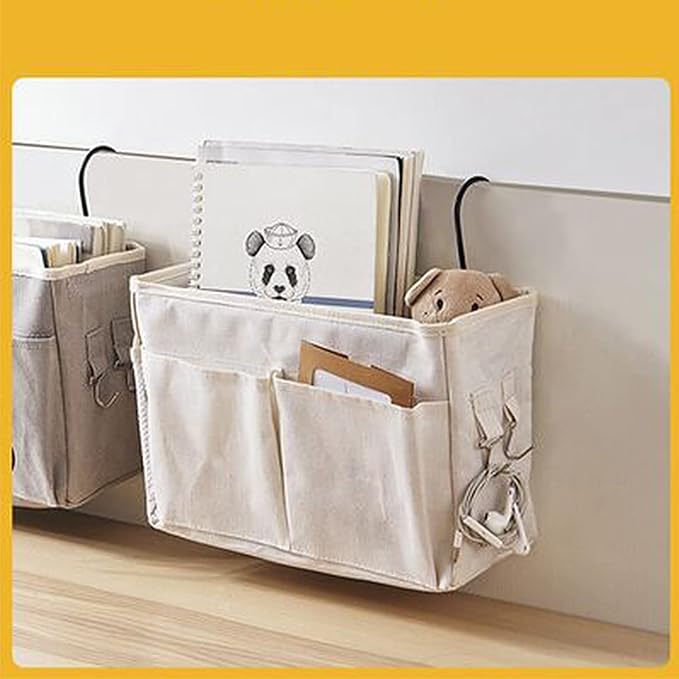 Cotton Linen Bedside Caddy Storage Organizer, Hanging Pocket for Bedside, Nightstand, Dorm Room (White)