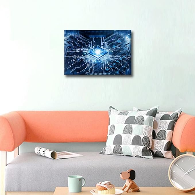 TUMOVO Glowing CPU Canvas Wall Art CPU Concept Wall Art for Living Room Internet Concept Pictures for Bedroom Modern Home Decor Office Bathroom Decorations Artwork Framed Ready to Hang, 18x12in