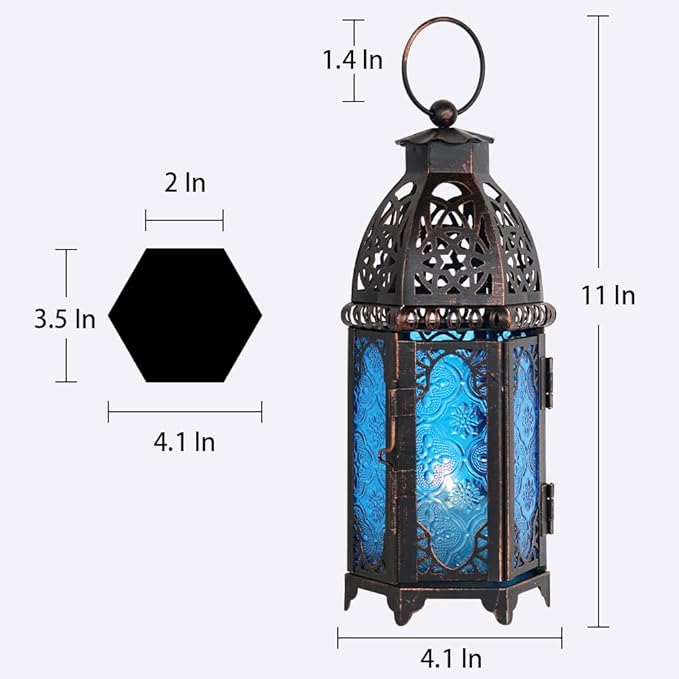 DECORKEY Christmas Lanterns Decorations Indoor & Outdoor, 11’’ Medium Size Vintage Metal Hanging&Tabletop Candle Holder Decor, Halloween Ramadan Decorations for Home Porch Patio(Blue)