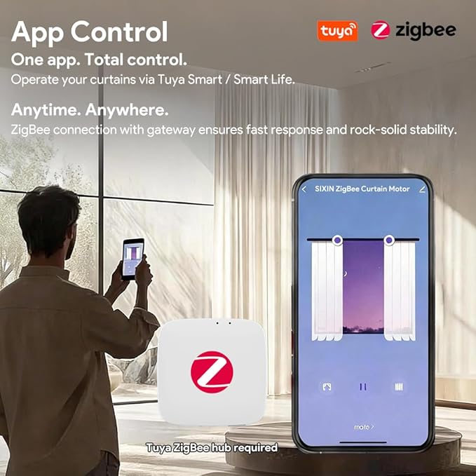 ZigBee 3.0 Dual Motor Smart Curtain Track System, Ripple Fold Electric Drapery Rods, Independent Left Right Control Day Night Curtains, 1.2N.m Mini Automatic Opener (7 meters (275.6 inches))