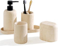 Bathroom Accessories Set, Travertine Stone-Look, 5 PCS Bathroom Accessory Set with 13.53 OZ Soap Dispenser, Toothbrush Holder, Tumbler, Vanity Tray, Cotton Swab Jars for Countertop (Yellow)