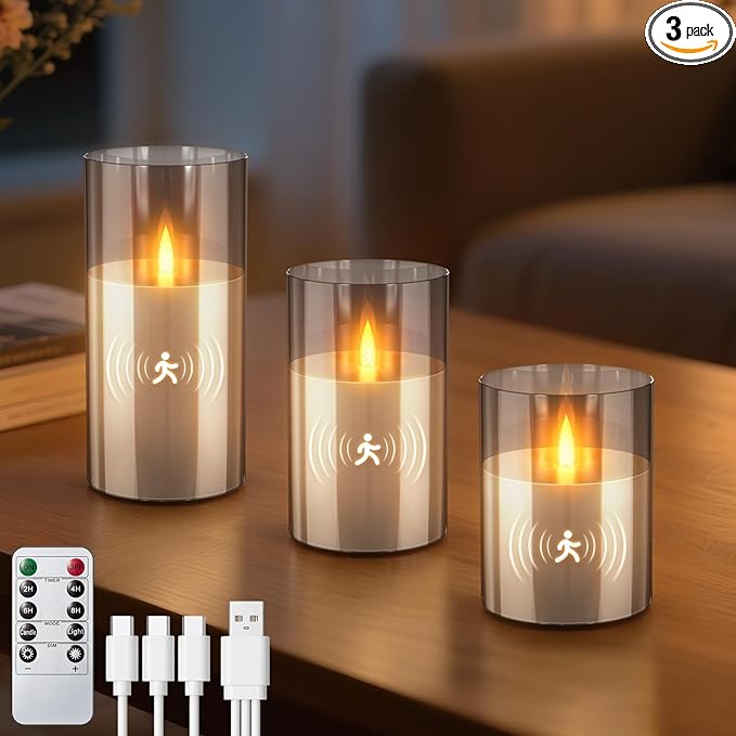 3PC Radar Motion Sensor Rechargeable Led Candles, Flameless Flickering Candle with Remote & Timer, Real Wax in Glass with Flickering Warm Light for Festival, Bedroom, christmas and party Decor-Gray