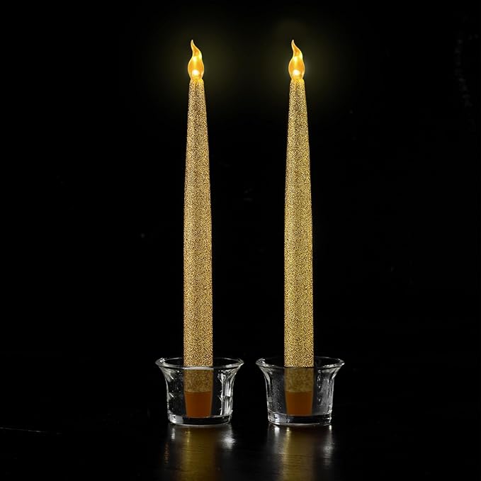 FURORA LIGHTING Gold Glitter LED Candles - Flickering Flameless Taper Candles with 6/18 Hour Timer, Battery Operated for Safety and Elegance, Pack of 2