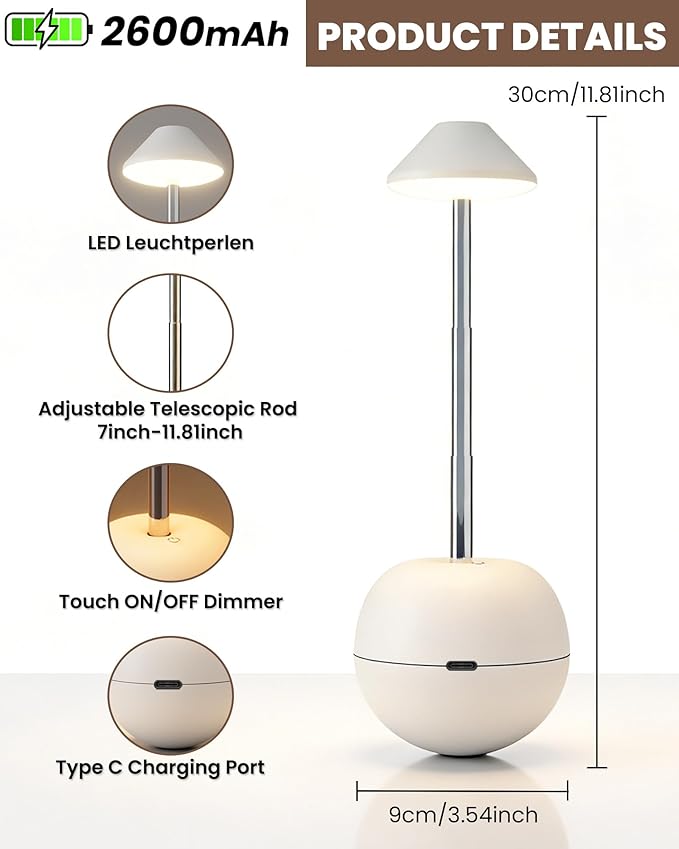 yadoker Small Touch Lamp with Remote, Tumbler Design Cordless Table Lamp, USB Rechargeable Bedside Night Light, Dimmable Mushroom Lamp for Baby Nursery, Bedroom, Patio (White)