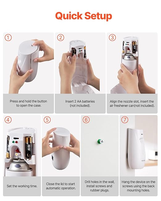 VEVOR Automatic Air Freshener Spray Dispenser, 2-Pack, Wall Mounted or Free Standing, Battery Operated, Multiple Time Settings for Home, Indoor, Bathrooms, Offices, Hotels, Commercial Places, White