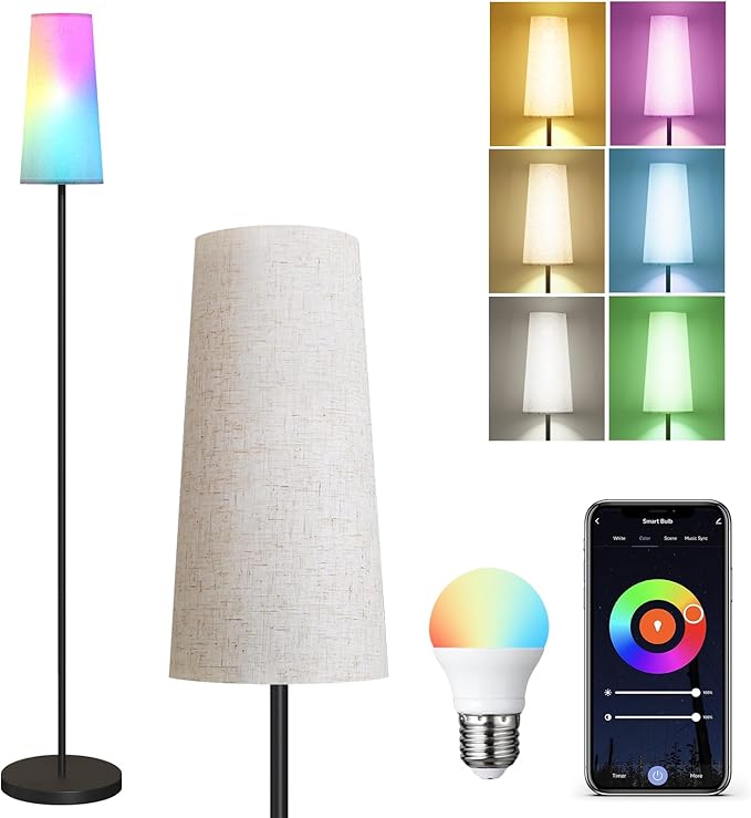 SUNMORY RGB Floor Lamps for Living Room, Smart APP Remote Control Standing Lamp with RGB Bulb, Dimmable Floor Lamp for Bedroom, Office, 61'' Tall Lamp, Suitable for Modern/Boho/Farmhouse Decor Styles