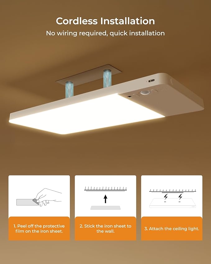 FULEN 2 Pack Rechargeable Motion Sensor Ceiling Light Upgraded, Cordless Closet Light with 12000mAh Battery, LED Shower Light for Bathroom,Pantry,Porch,Garage,3000K/4500K/6000K, Remote Control
