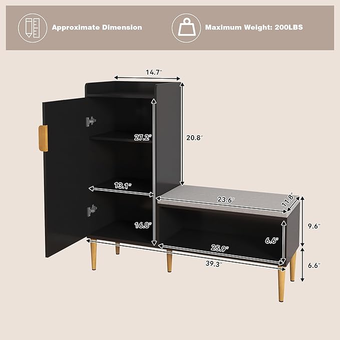 Storage Bench with Fluted Door&Shelf, Modern Entryway Bench with Padded Seat, L-Shaped Shoe Organizer Cabinet for Hallway, Living Room, Office, Black