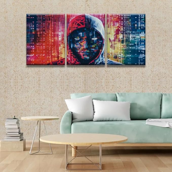 LSIUHWUWI 3 Panels AI Wall Art Hacker in Mask on Dark Background with Digital Effects Pictures Print On Canvas for Living Room Bedroom Wall Decoration, Stretched Framed Ready to Hang, 12x16inchx3