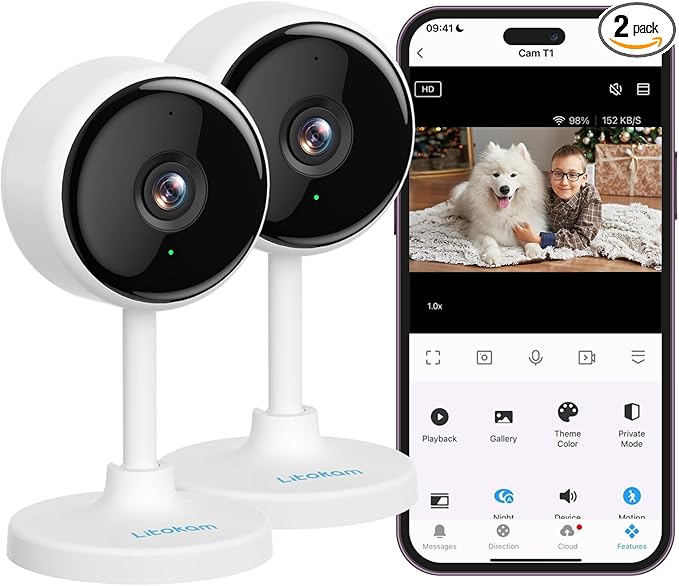 litokam Indoor Cameras for Home Security with Night Vision, Pet Camera with Phone App, WiFi Home Security Camara, Baby Monitor Work with Alexa, Motion Detection, 2 Pack, 2K