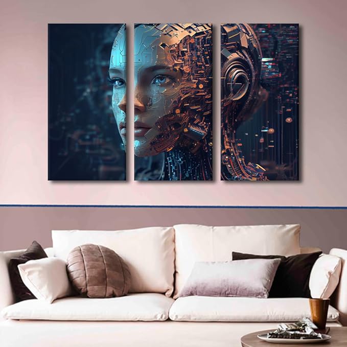 Futuristic Technology Wall Art for Living Room Artificial Intelligence Pictures Print On Canvas, 3 Panel Modern Wall Decoration for Bedroom Living Room Giclee Wooden Framed, 60" Wx40 H