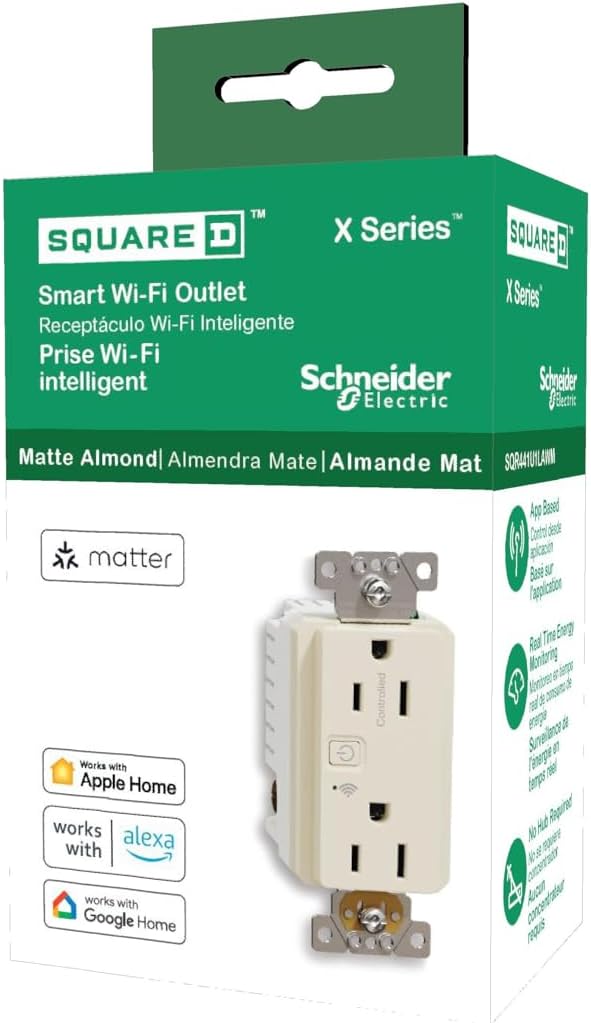 Square D by Schneider Electric X Series 15A 125V Wi-Fi Energy Monitoring Socket Outlet, Tamper Resistant, Needs Neutral Wire, Matter Certified, Works with Alexa, Google Home, Apple Home, Light Almond