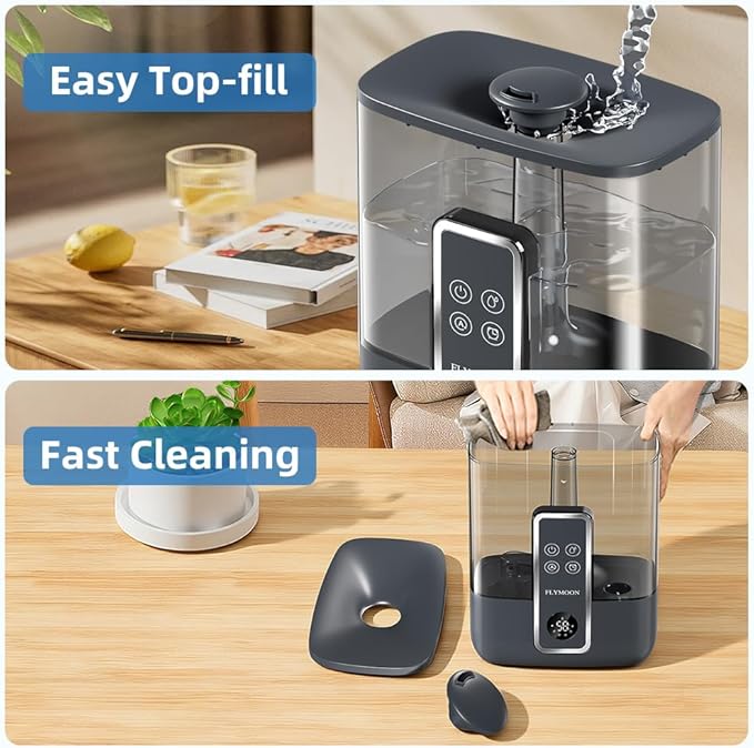 FLYMOON Humidifier for Bedroom, Top Fill 5L Cool Mist Humidifiers with 28dB, Humidifier for Large Room with Leak-Proof, Auto-Off, 12H Timer, 50 Hour Runtime,Tuya App Control, Black