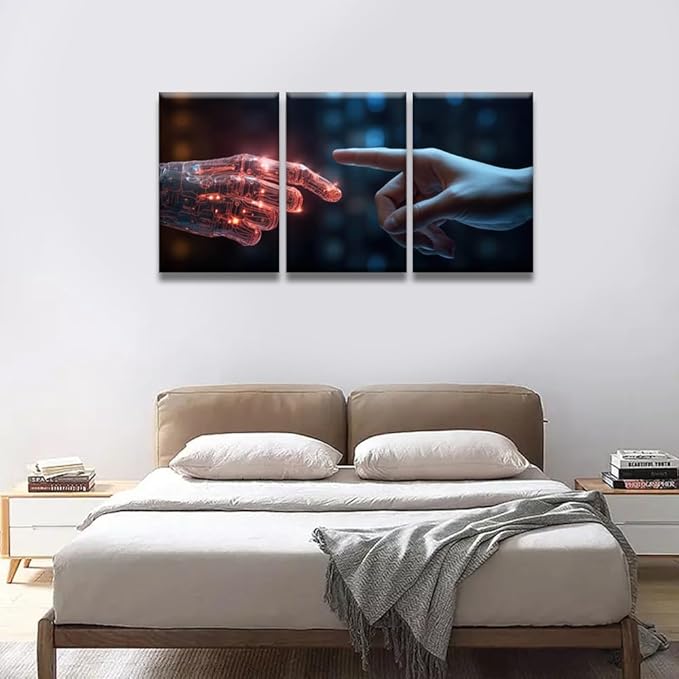 LSIUHWUWI Wall Art Painting Artificial Intelligence,The Human Finger touches the Robot's Finger Pictures Print on Canvas 3 Panel Canvas Wall Art Framed Ready to Hang 16x24inchx3