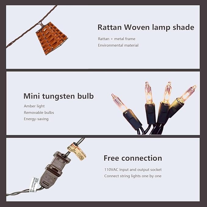 Outdoor-String-Lights-Waterproof, Boho Lantern String Lights for Patio, Garden, Porch, Balcony, Gazebo Decorative (PP Rattan)