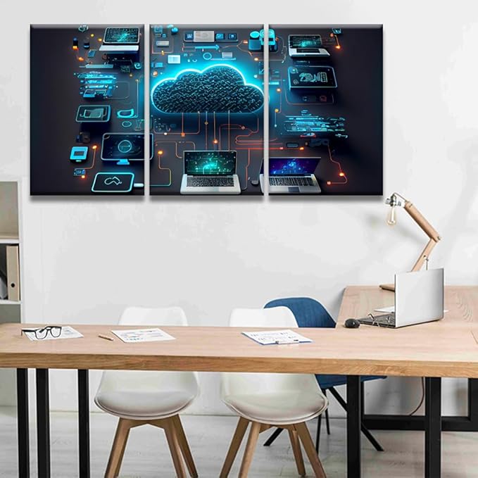 LSIUHWUWI Modern Wall Art for Living Room Cloud Technology Computing Smart Home Communication Laptop Pictures for Home Wall Decoration,Print On Canvas Wooden Framed Ready to Hang, 16x24inchx3
