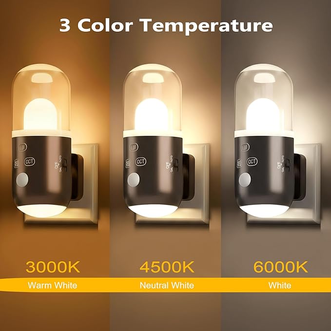 Night Light Plug into Wall with Motion Sensor & Dusk to Dawn Sensor, 3 Color Temperatures,RGB 8 Modes, 5-Level Dimming (20-240 LM) LED Night Light for Bedroom, Hallway, Stairs (White 2pcs)