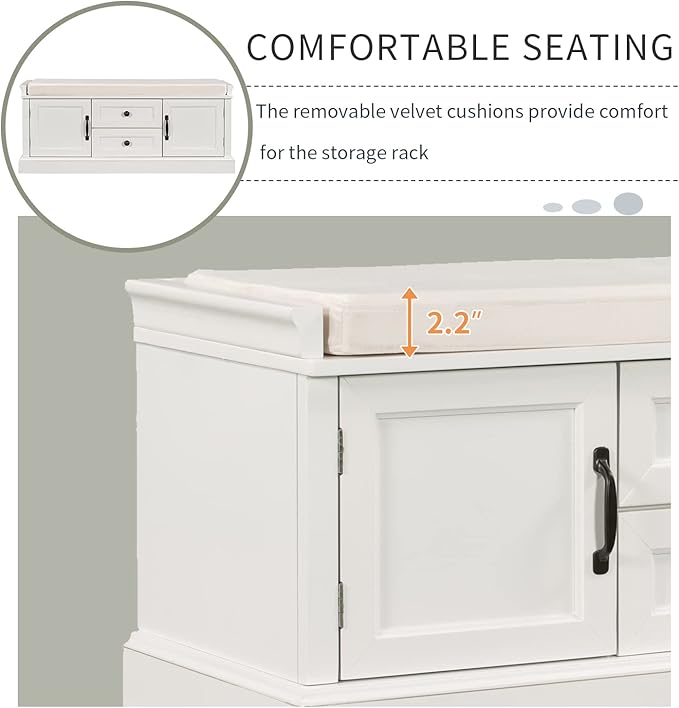 Entryway Storage Bench with Drawers & Cabinets — Cushioned Shoe Storage Bench for Hallway, Mudroom, or Living Room, Solid Wood Frame (White)