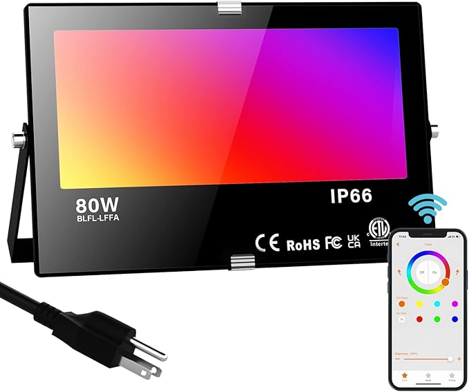 LED Flood Light Outdoor, 800W Equivalent 8000LM Smart RGB Stage Lights, Bluetooth RGB Colors+Warm White 2700K - APP & Group Control & Timing,IP66 Waterproof US 3-Plug Color Changing Strobe Lighting