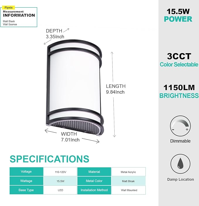 Indoor Wall Sconce, Half Cylinder Wall Light Fixture, 3000K 4000K 5000K Color Temperature Adjustable, Dimmable LED Modern Wall Light for Hallway Bedroom Living Room, Matt Black, 2 Pack