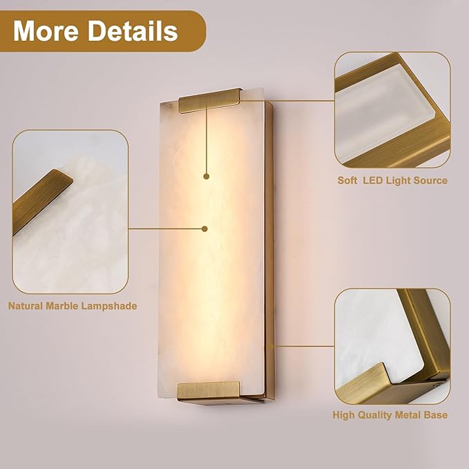 14.2in Alabaster Wall Sconces, Large Natural Marble Wall Sconces Set of Two, LED Modern Wall Lamp for Bedroom, Stairs, Living Room, Vanity, Bedside, Hallway （Brushed Bronze 12W）