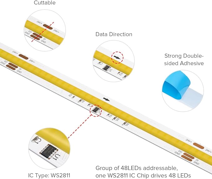 BTF-LIGHTING FCOB Addressable WS2811 IC CCT COB LED Strip Flexible High Density Uniform Chasing White Light 16.4FT DC24V Tunable 3000K-6000K CRI 90+ 576LED/m(No Adapter or Controller)