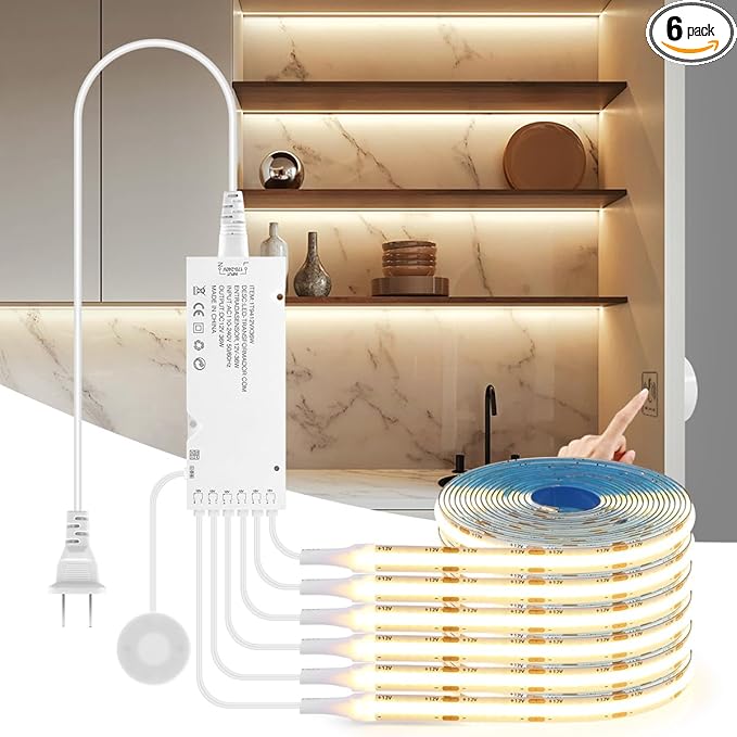 AIMENGTE 12V COB LED Cabinet Lights Strip, 6 x 3.3ft Touch Dimmable 3000K Lighting for Parallel Wood Slat Wall Panels, Display Cabinets, Wardrobes, Showcases, Shelves