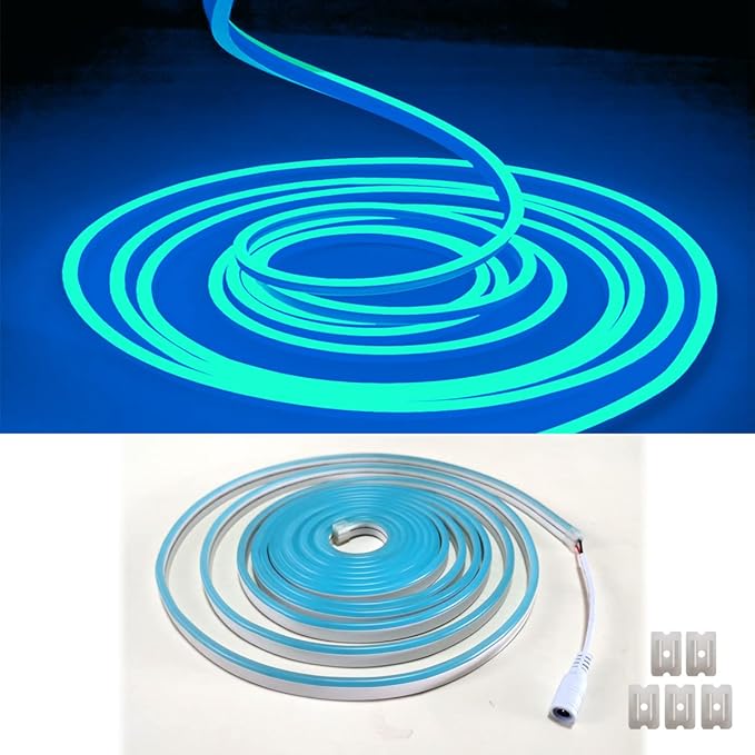 Ice Blue Neon LED Strip Light, 16.4ft/5M Flexible Rope Light - 12V DC, 600 LEDs, Waterproof for Indoor & Outdoor Home Decor (Include Power Adapter)
