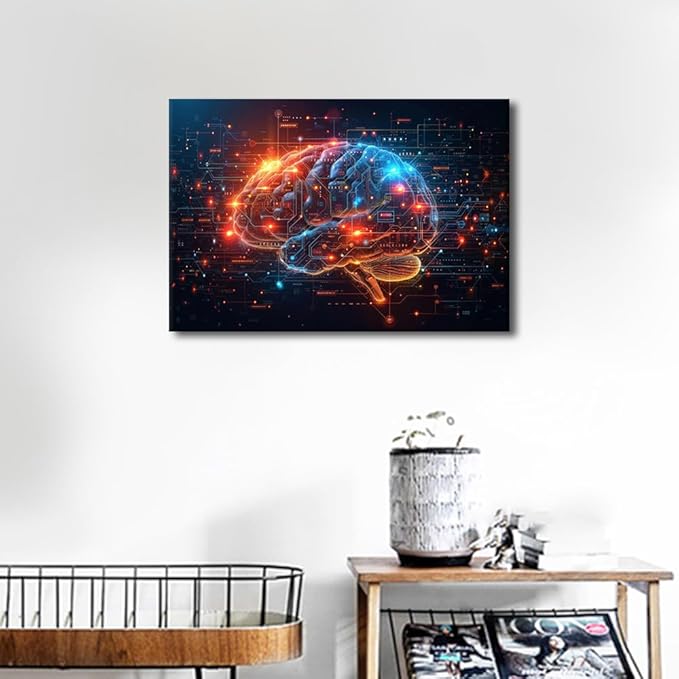 Brain's Neural Networks Wall Art for Living Room Digital Code Pictures for Bedroom Wall Decor Artificial Intelligence Painting Wall Decorations for House Human Brain Prtins Artwork 12"Wx18"Hx1 Panel