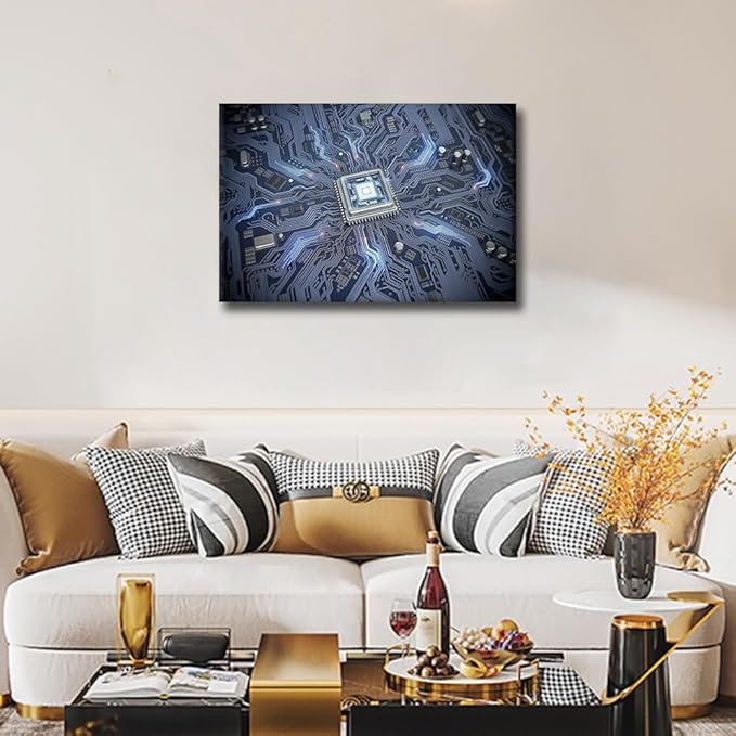 1 Panel Computer Chip Canvas Prints CPU Concept Wall Art Paintings Circuit Board Posters Stretched AI Pictures for Living Room Modern Home Decor Framed Wall Art Decorations, 24x16in