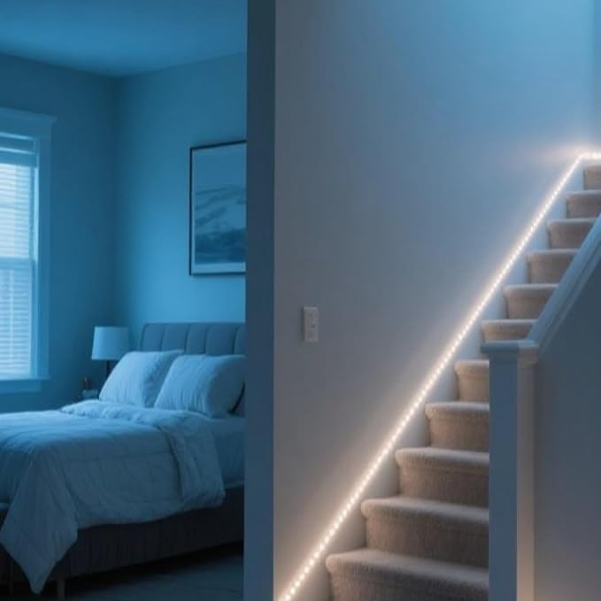 Dual Sensor Stair Light Strip, Double Motion Activated Sensor LED Strip Light for Stairway (Power Adapter (9.84FT Cable), Warm White 3000K (16.4FT White Light Strip))