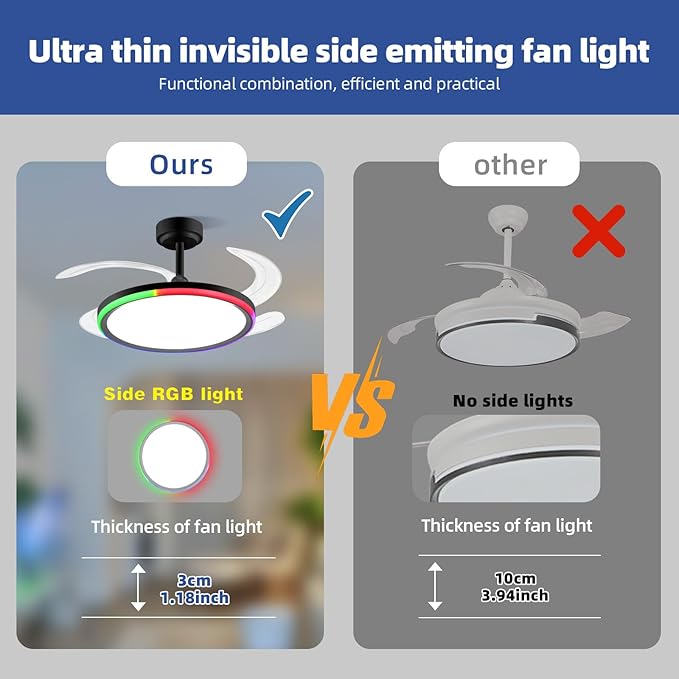 BAYSQUIRREL Slim Retractable Ceiling Fan with Light and APP/Remote Control, 42in Modern Smart RGB Ceiling Fan with Bluetooth Speaker, Dimmable Full Spectrum with Memory, 6-Speed Reversible Fan, Black