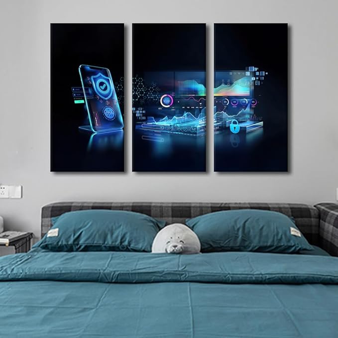 TUMOVO Multi Panel Canvas Wall Art Cyber Security and Data Protection Concept Pictures Print on Canvas Artwork for Home Office Wall Decorations Framed Ready to Hang, 60" Wx40 H