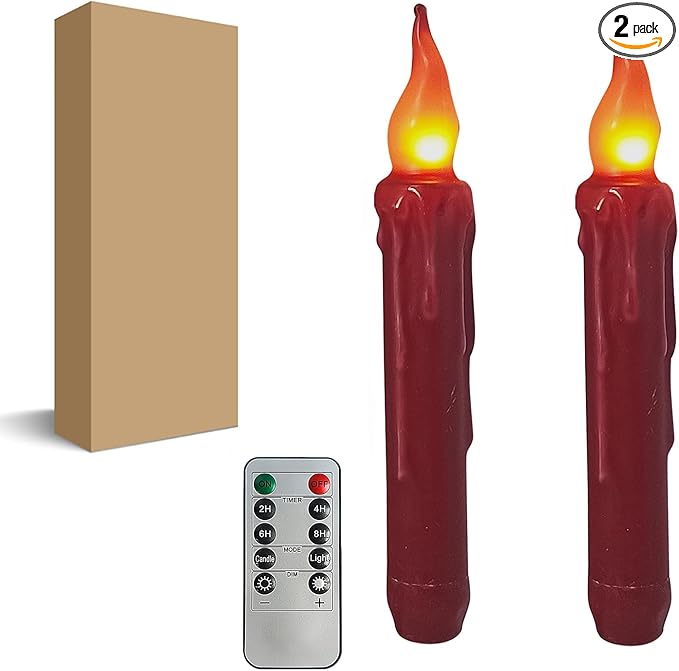 Burgundy Flameless Short Taper Candles, Real Wax Hand Dipped Dark Red LED Battery Operated with Remote, Flickering Flame Lights for Festival Home Décor, 6.7 Inch Primitive Flameless Candles, 2PCS