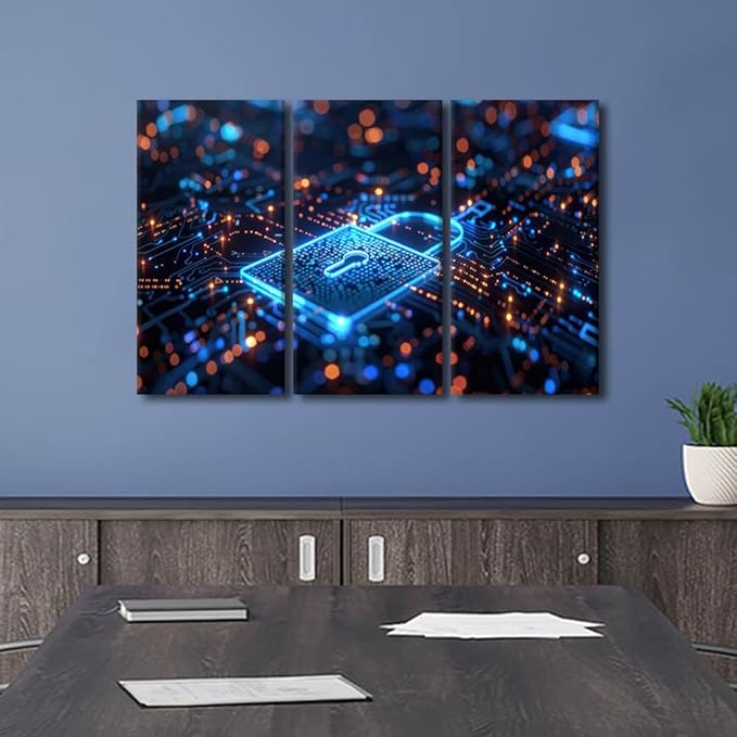 AI Intelligence Picture 3 Pieces Wall Decorations for Living Room AI Canvas Prints Security Lock Symbol Painting Wall Art Contemporary Wall Decor for Home Office Framed Ready to Hang, 42"Wx28"H