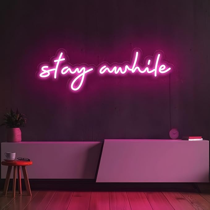 Stay Awhile LED Neon Signs for Wall Decor Neon Wall Art Acrylic LED Lights with Hanging Chain Light Up for Bedroom Decor Graduation Bar Pub Wedding Party 5V USB Powered Dimmable