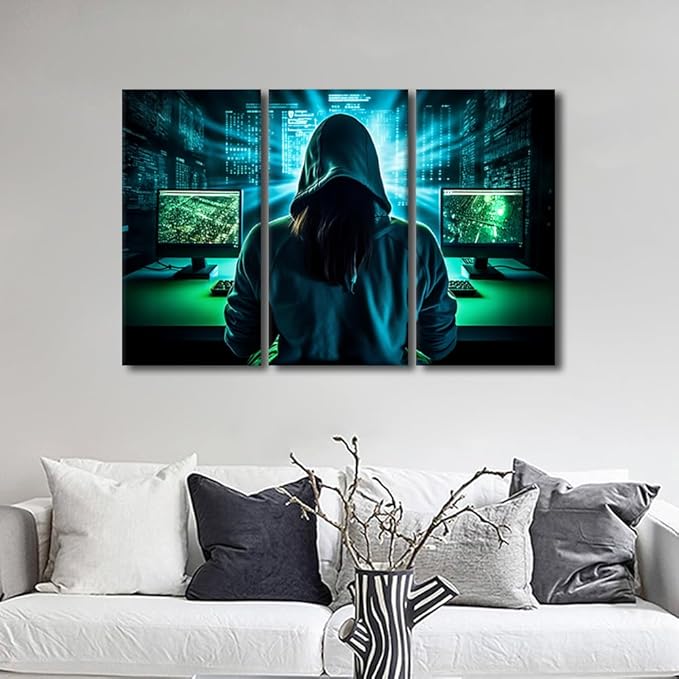 TUMOVO AI Big Data Wall Decor for Living Room Hacker Malware Picture Canvas Prints 3 Pieces Wall Art Hacker Artwork for Home Office Room Wall Decorations Canvas Art Prints Ready to Hang, 42" Wx28 H